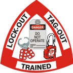 LOCKOUT TAG-OUT TRAINED WITH PICTO OF HASP TAG & LOCK - HELMET / HARD HAT MARKERS