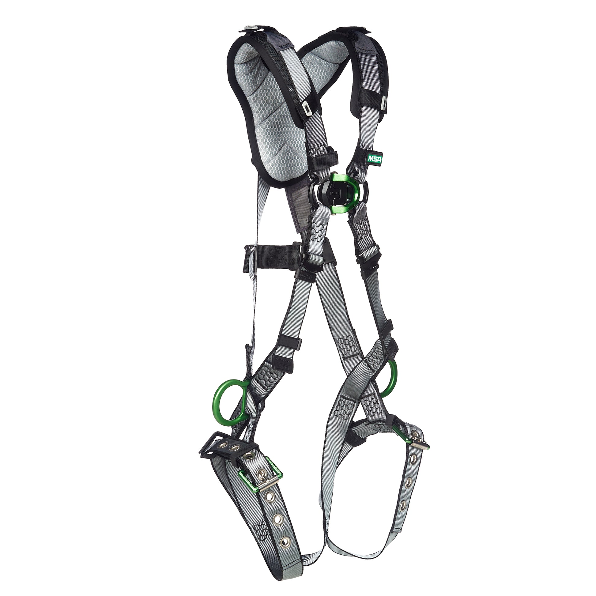 MSA V-FIT Harness w/Back, Front & Side D-Rings - Tongue Buckle Leg Straps - Shoulder Padding - Extra Small - 10194896