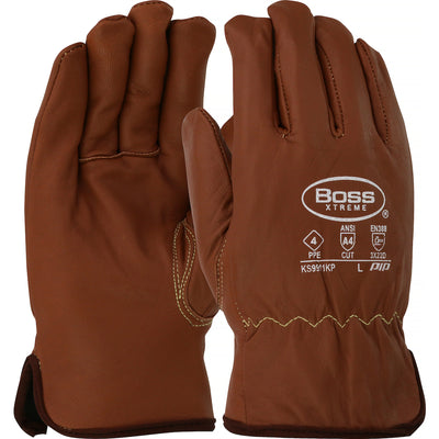 Boss Xtreme AR Top Grain Goatskin Leather Drivers Glove w/Oil Armor Finish & Para-Aramid Lining - Fleece Lined Insulation - Brown - 12/PR - KS9911KP