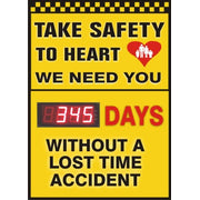 TAKE SAFETY TO HEART WE NEED YOU.  DAYS WITHOUT LOST TIME ACCIDENT - DIGITAL SCOREBOARD - TAKE SAFETY TO HEART WE NEED YOU.  DAYS WITHOUT LOST TIME ACCIDENT - DIGITAL SCOREBOARD, 28X20, Sintra