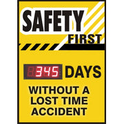 SAFETY FIRST DAYS WITHOUT A LOST TIME ACCIDENT - DIGITAL SCOREBOARD - SAFETY FIRST DAYS WITHOUT A LOST TIME ACCIDENT - DIGITAL SCOREBOARD, 28X20, Sintra