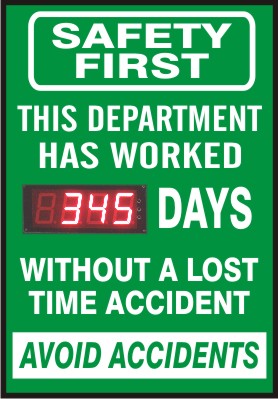SAFETY FIRST THIS DEPARTMENT HAS WORKED DIGITAL DAYS WITHOUT A LOST TIME ACCIDENT - DIGITAL SCOREBOARD
