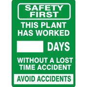 SAFETY FIRST.  THIS PLANT HAS WORKED DAYS WITHOUT A LOST TIME ACCIDENT.  AVOID ACCIDENTS - DRY ERASE SCOREBOARD - SAFETY FIRST.  THIS PLANT HAS WORKED DAYS WITHOUT A LOST TIME ACCIDENT.  AVOID ACCIDENTS - DRY ERASE SCOREBOARD, 28X20, Aluminum (.040)