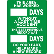 THIS AREA HAS WORKED WITHOUT A LOST TIME ACCIDENT. DO YOUR PART HELP MAKE A NEW RECORD - DRY ERASE SCOREBOARD - THIS AREA HAS WORKED WITHOUT A LOST TIME ACCIDENT. DO YOUR PART HELP MAKE A NEW RECORD - DRY ERASE SCOREBOARD, 28X20, Aluminum (.040)