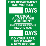 THIS DEPARTMENT HAS WORKED WITHOUT A LOST TIME ACCIDENT. DO YOUR PART, HELP MAKE A NEW RECORD - MAGNETIC SCOREBOARD - THIS DEPARTMENT HAS WORKED WITHOUT A LOST TIME ACCIDENT. DO YOUR PART, HELP MAKE A NEW RECORD - MAGNETIC SCOREBOARD, 28X20, Aluminum (.040)