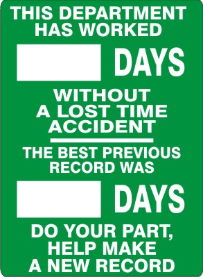 THIS DEPARTMENT HAS WORKED WITHOUT A LOST TIME ACCIDENT. DO YOUR PART, HELP MAKE A NEW RECORD - MAGNETIC SCOREBOARD