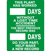 THIS PLANT HAS WORKED WITHOUT A LOST TIME ACCIDENT. DO YOUR PART, HELP MAKE A NEW RECORD - DRY ERASE SCOREBOARD - THIS PLANT HAS WORKED WITHOUT A LOST TIME ACCIDENT. DO YOUR PART, HELP MAKE A NEW RECORD - DRY ERASE SCOREBOARD, 28X20, Aluminum (.040)