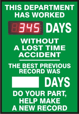 THIS DEPARTMENT HAS WORKED DAYS WITHOUT A LOST TIME ACCIDENT. THE BEST PREVIOUS RECORD WAS - DIGITAL / DRY ERASE SCOREBOARD