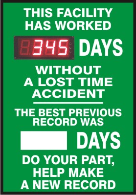 THIS FACILITY HAS WORKED DAYS WITHOUT A LOST TIME ACCIDENT. THE BEST PREVIOUS RECORD WAS - DIGITAL / DRY ERASE SCOREBOARD