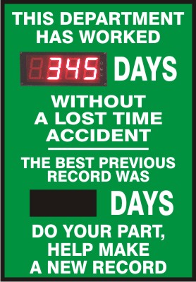 THIS DEPARTMENT HAS WORKED WITHOUT A LOST TIME ACCIDENT. BEST PREVIOUS RECORD WAS - DIGITAL / MAGNETIC SCOREBOARD