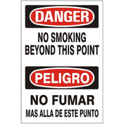 NO SMOKING BEYOND THIS POINT PELIGRO NO FUME MAS ALLA - DANGER SIGN - NO SMOKING BEYOND THIS POINT PELIGRO NO FUME MAS ALLA - DANGER SIGN, 20X14, Adhesive Vinyl