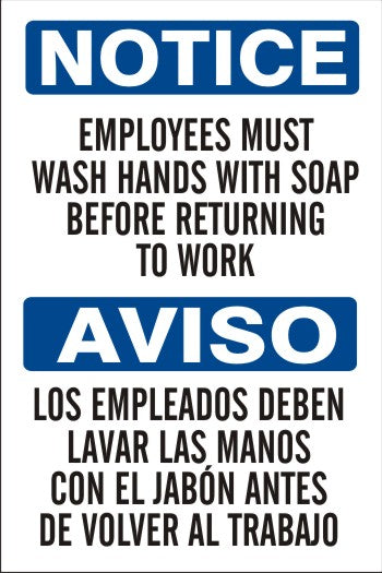EMPLOYEES MUST WASH HANDS WITH SOAP BEFORE RETURNING TO WORK - NOTICE SIGN
