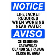 LIFE JACKET REQUIRED WHEN WORKING NEAR WATER AVISO SE REQUIERE - NOTICE SIGN - LIFE JACKET REQUIRED WHEN WORKING NEAR WATER AVISO SE REQUIERE - NOTICE SIGN, 20X14, Adhesive Vinyl