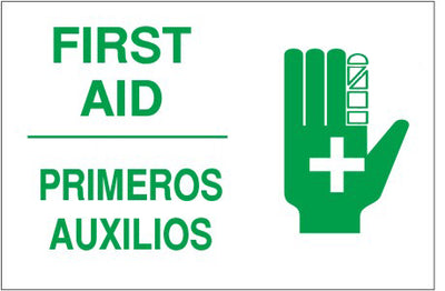 FIRST AID PRIMEROS AUXILIOS WITH HAND SYMBOL