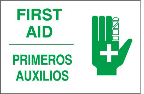 FIRST AID PRIMEROS AUXILIOS WITH HAND SYMBOL - FIRST AID PRIMEROS AUXILIOS WITH HAND SYMBOL, 14X20, Adhesive Vinyl