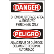 CHEMICAL STORAGE AREA AUTHORIZED PERSONNEL ONLY   PELIGRO ALMACENAJE DE QUIMICOS - DANGER SIGN - CHEMICAL STORAGE AREA AUTHORIZED PERSONNEL ONLY   PELIGRO ALMACENAJE DE QUIMICOS - DANGER SIGN, 20x14, Adhesive Vinyl