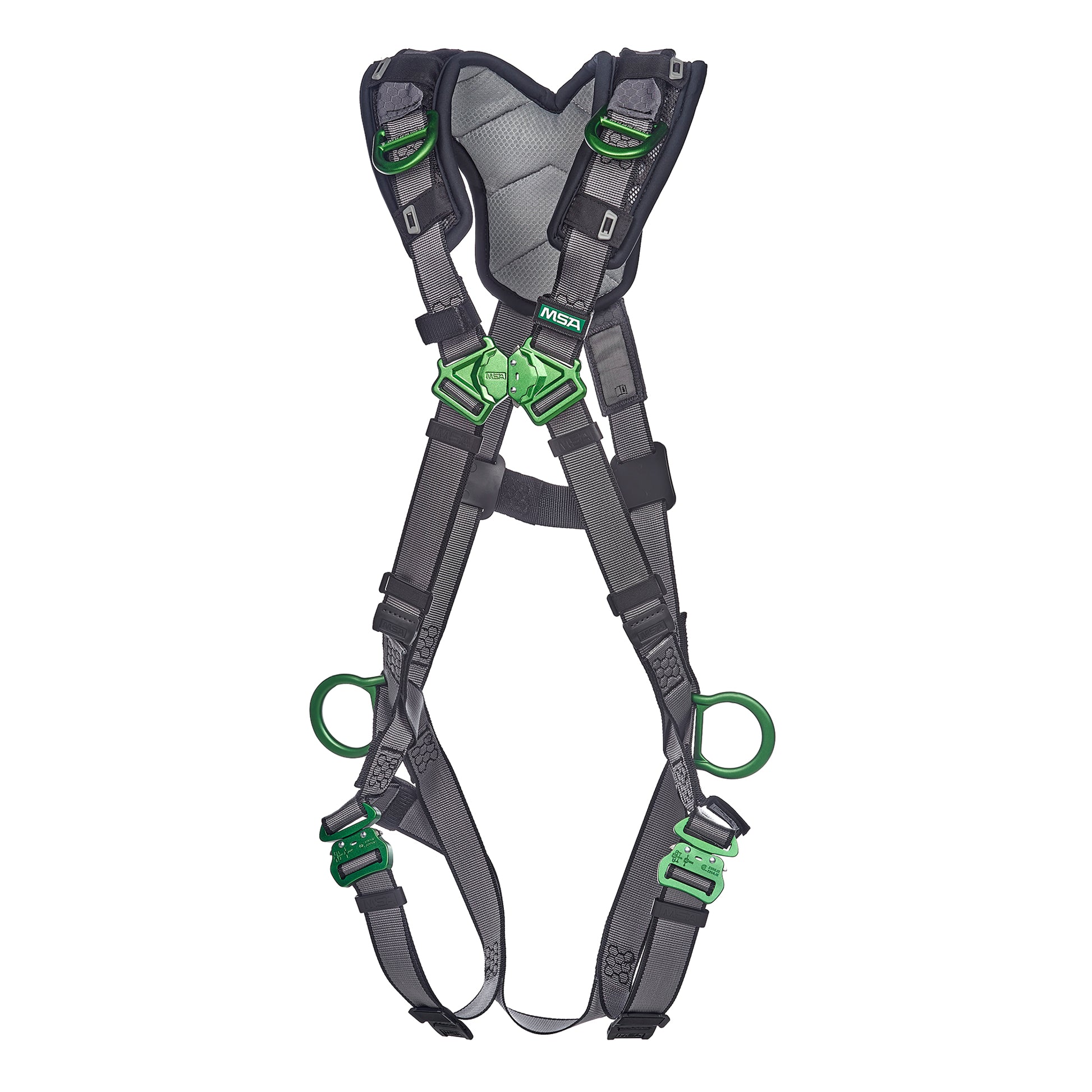 MSA V-FIT Harness w/Back, Side and Shoulder D-Rings - Quick-Connect Leg Straps - Shoulder Padding - Extra Large - 10194886