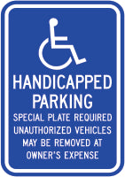 PICTO HANDICAPPED PARKING SPECIAL PLATE REQUIRED UNAUTHORIZED VEHICLES MAY BE - HANDICAPPED PARKING SIGN