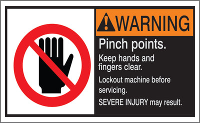 ANSI HEADER PINCH POINTS. KEEP HANDS AND FINGERS CLEAR. LOCKOUT