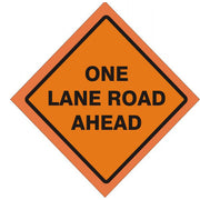 48" ONE LANE ROAD AHEAD MESH FLUORESCENT ROLL-UP SIGN WITH VINYL POCKETS - 48" ONE LANE ROAD AHEAD MESH FLUORESCENT ROLL-UP SIGN WITH VINYL POCKETS, 48X48, Mesh Vinyl