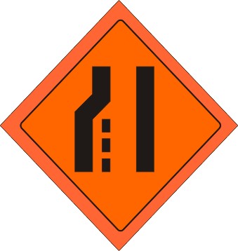 48" SYMBOL OF DOUBLE LEFT LANE CONVERTING INTO SINGLE LANE MESH FLUORESCENT ROLL-UP SIGN WITH VINYL POCKETS