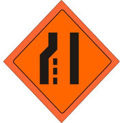 48" SYMBOL OF DOUBLE LEFT LANE CONVERTING INTO SINGLE LANE VINYL FLUORESCENT ROLL-UP SIGN WITH VINYL POCKETS - 48" SYMBOL OF DOUBLE LEFT LANE CONVERTING INTO SINGLE LANE VINYL FLUORESCENT ROLL-UP SIGN WITH VINYL POCKETS, 48X48, Fluorescent Vinyl