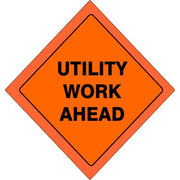 48" UTILITY WORK AHEAD VINYL REFLECTIVE ROLL-UP SIGN WITH VINYL POCKETS - 48" UTILITY WORK AHEAD VINYL REFLECTIVE ROLL-UP SIGN WITH VINYL POCKETS, 48X48, Reflective Vinyl