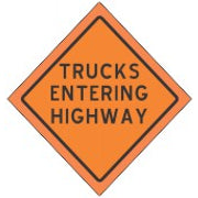48" TRUCKS ENTERING HIGHWAY VINYL FLUORESCENT ROLL-UP SIGN WITH VINYL POCKETS - 48" TRUCKS ENTERING HIGHWAY VINYL FLUORESCENT ROLL-UP SIGN WITH VINYL POCKETS, 48X48, Fluorescent Vinyl