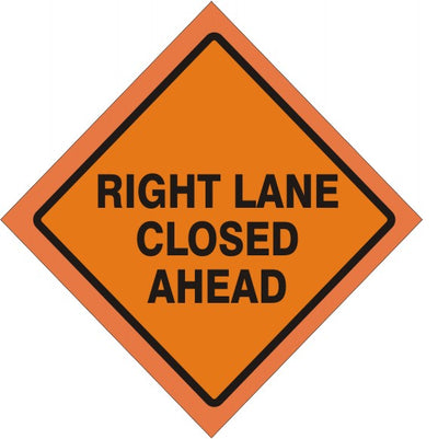48" RIGHT LANE CLOSED AHEAD MESH FLUORESCENT ROLL-UP SIGN WITH VINYL POCKETS