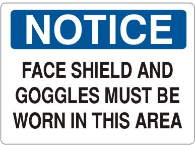 FACE SHIELD AND GOGGLES MUST BE WORN IN THIS AREA - NOTICE SIGN