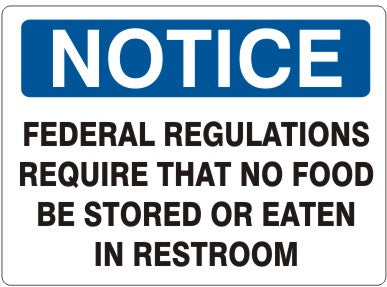 FEDERAL REGULATIONS REQUIRE THAT NO FOOD BE STORED OR EATEN - NOTICE SIGN