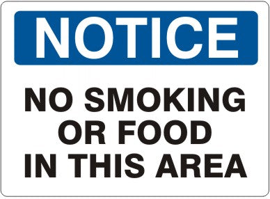 NO SMOKING OR FOOD IN THIS AREA - NOTICE SIGN