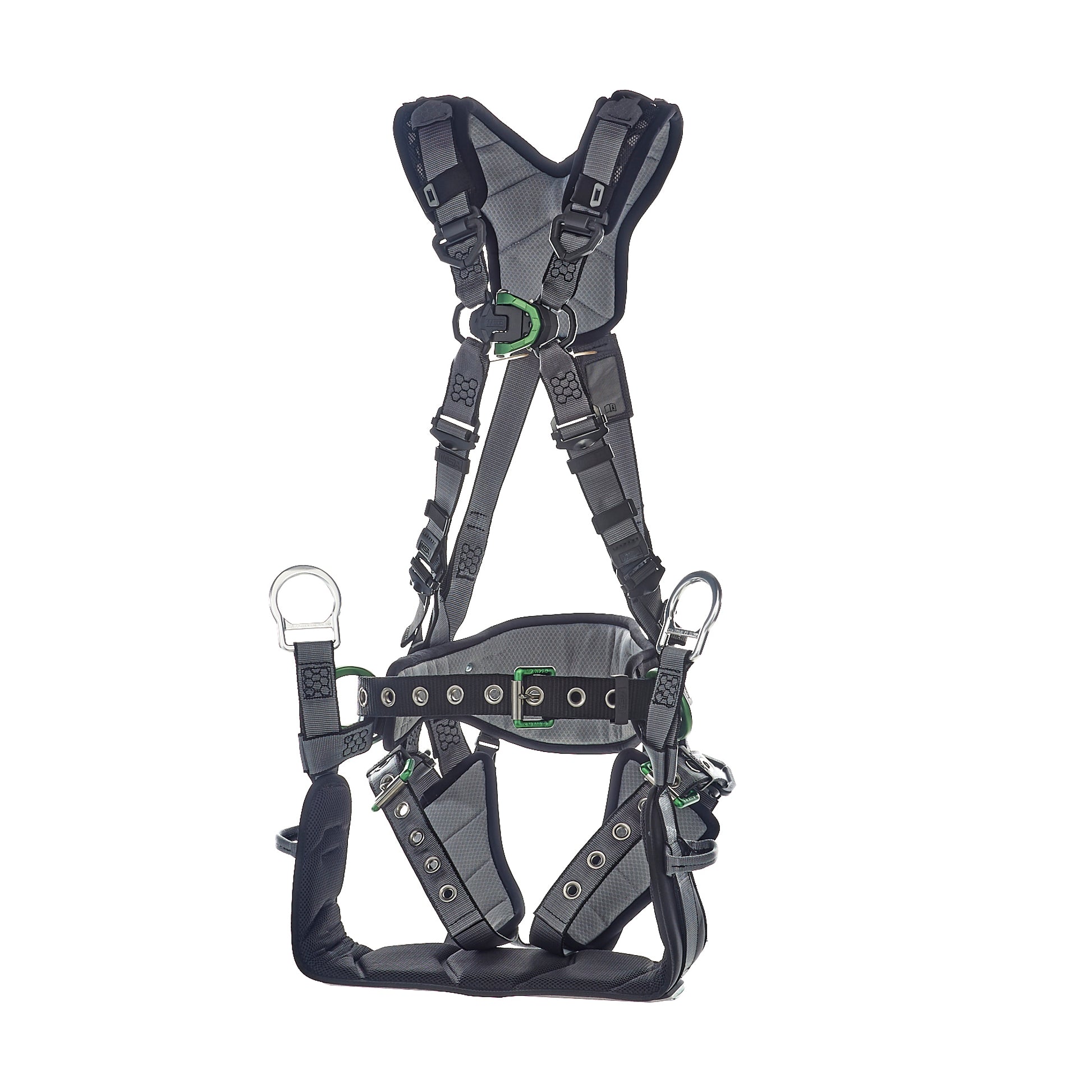 MSA V-FIT Tower Harness w/Back, Front & Side D-Rings - Tongue Buckle Leg and Belt Straps - Shoulder & Leg Padding - Extra Small - 10218041
