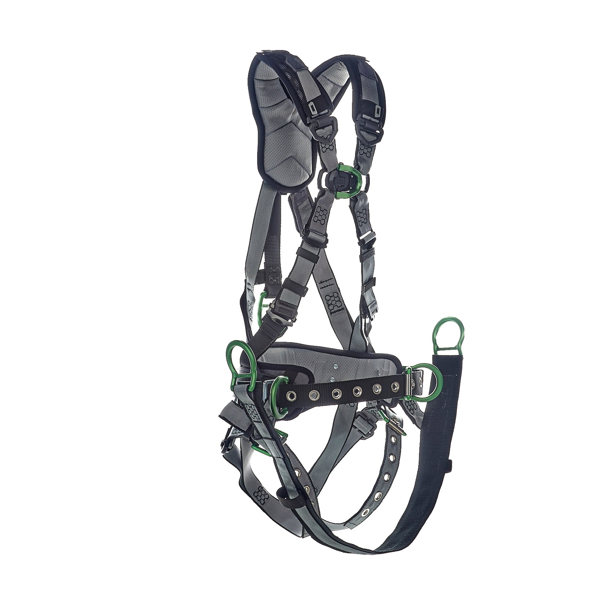 MSA V-FIT Derrick Harness w/Back, Front & Side D-Rings - Tongue Buckle Leg Straps - Shoulder Padding - Extra Large - 10195206
