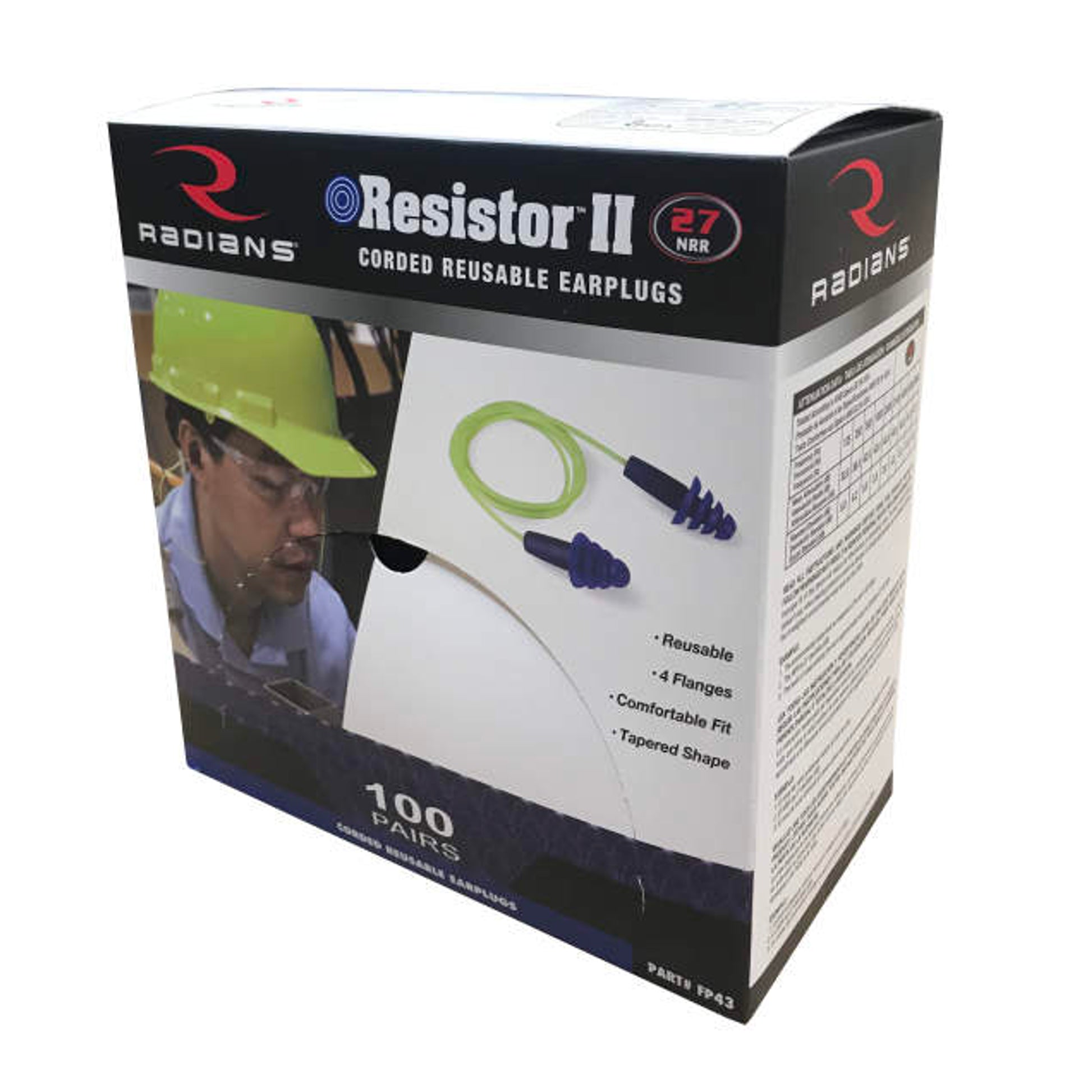 Radians Resistor II NRR27 Reusable Flanged Corded Earplug - FR43 - 100 Pair/Box
