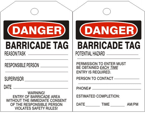 DANGER BARRICADE TAGS - DANGER BARRICADE TAGS, 6.125X3, Laminated Tag Board