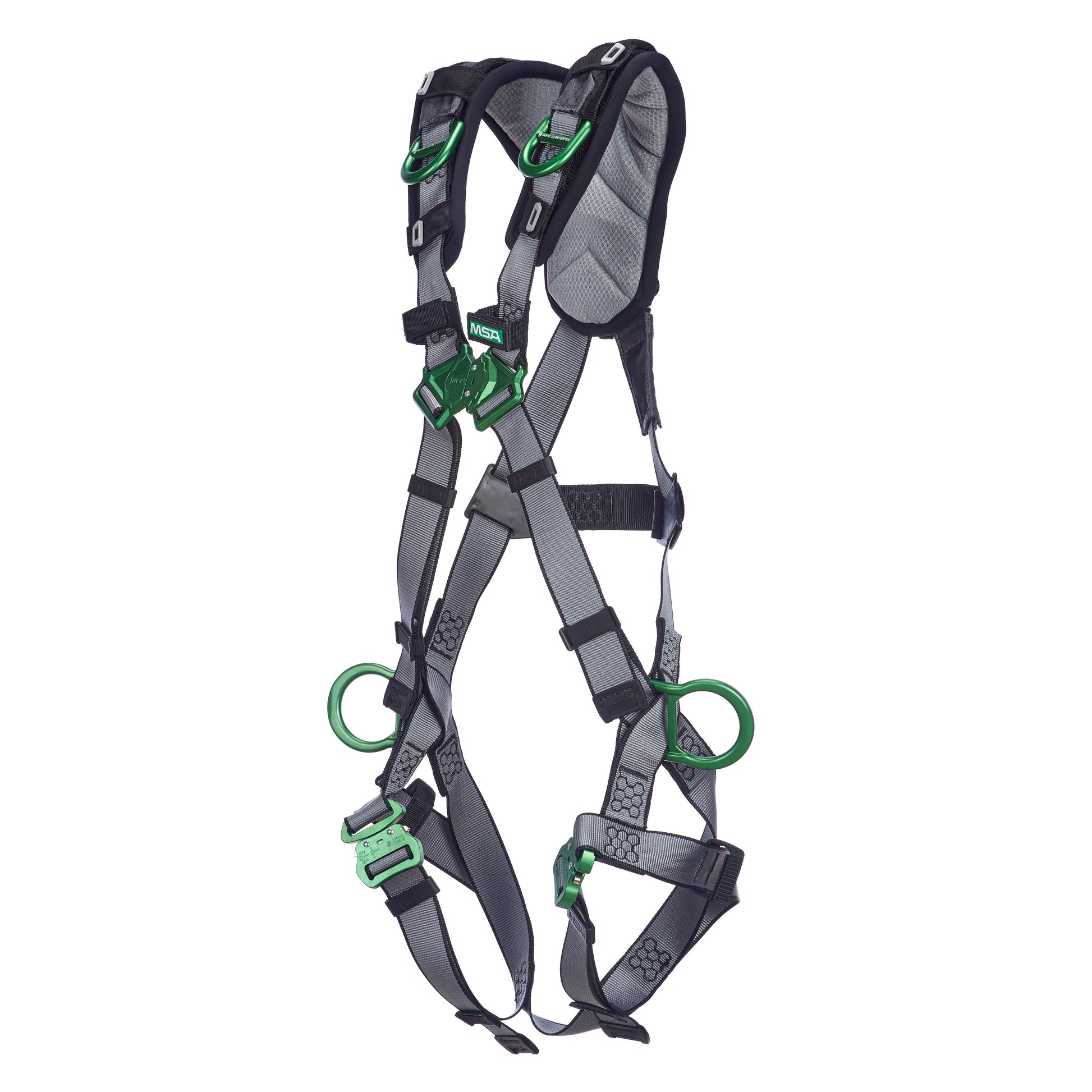 MSA V-FIT Harness w/Back, Side and Shoulder D-Rings - Quick-Connect Leg Straps - Shoulder Padding - Extra Large - 10194886