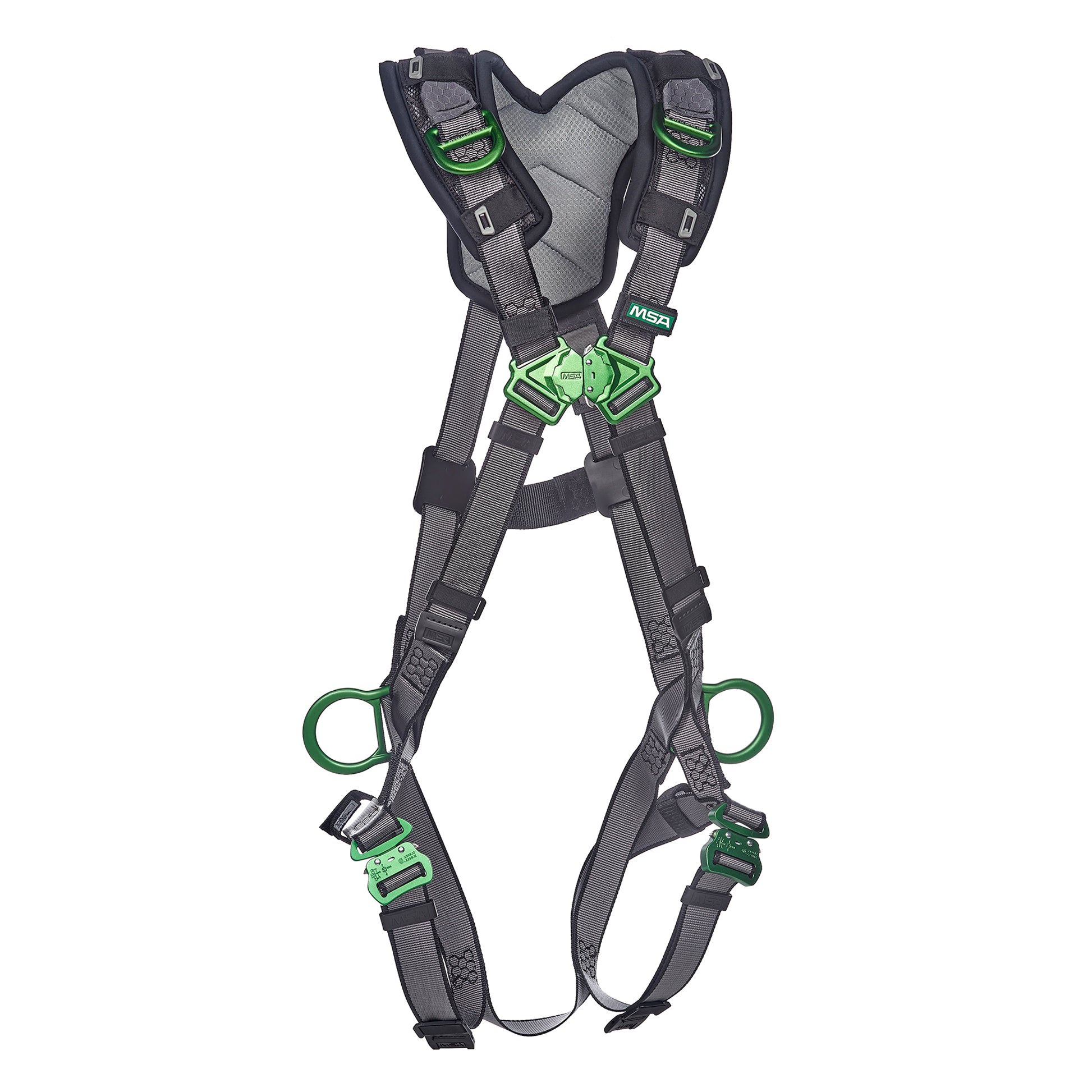MSA V-FIT Harness w/Back, Side and Shoulder D-Rings - Quick-Connect Leg Straps - Shoulder Padding - Extra Large - 10194886