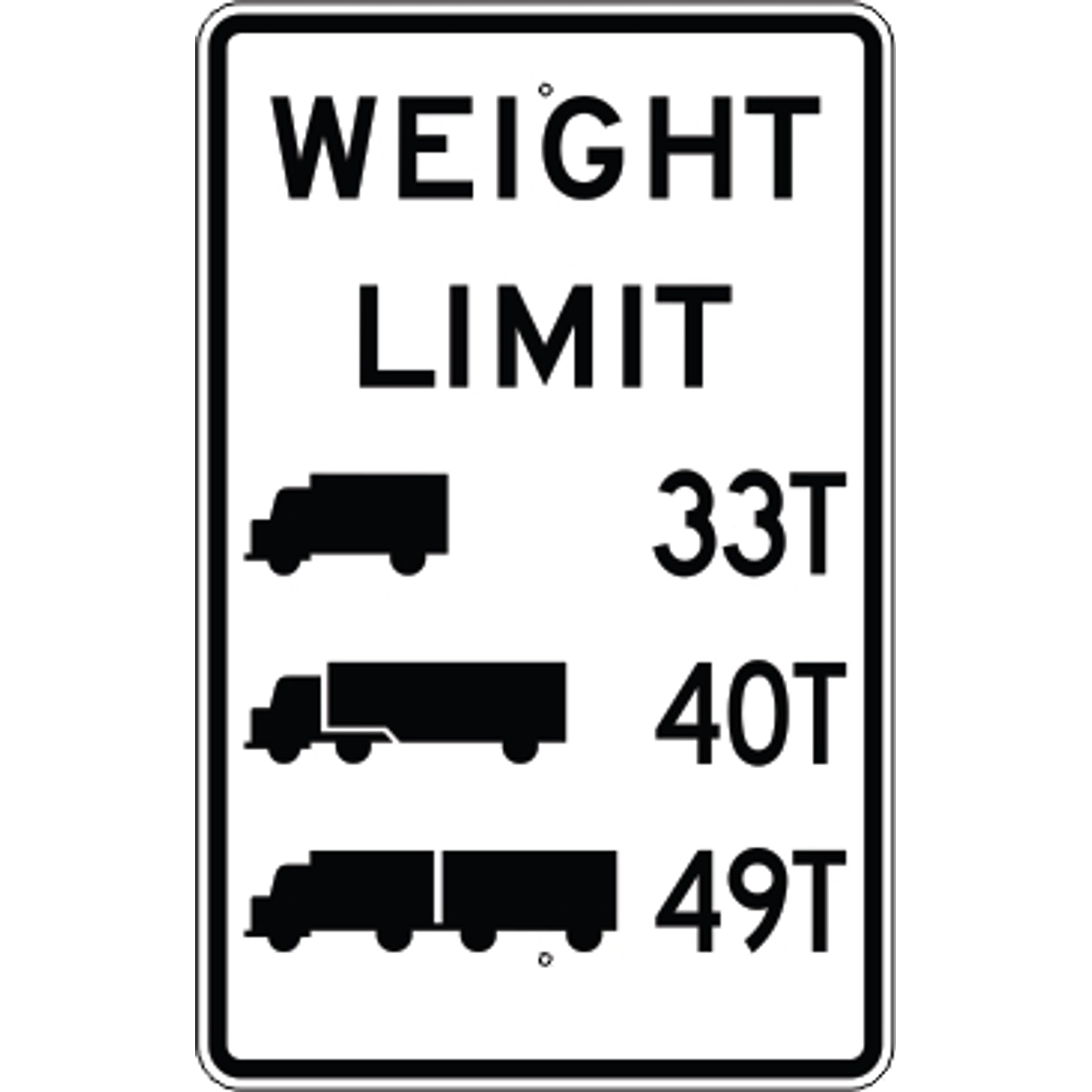 WEIGHT LIMIT PICTO 33T PICTO 40T PICTO 49T   SPECIFY - REGULATORY TRAFFIC SIGN - WEIGHT LIMIT PICTO 33T PICTO 40T PICTO 49T   SPECIFY - REGULATORY TRAFFIC SIGN, 36X24, Aluminum (.080) EGP Reflective