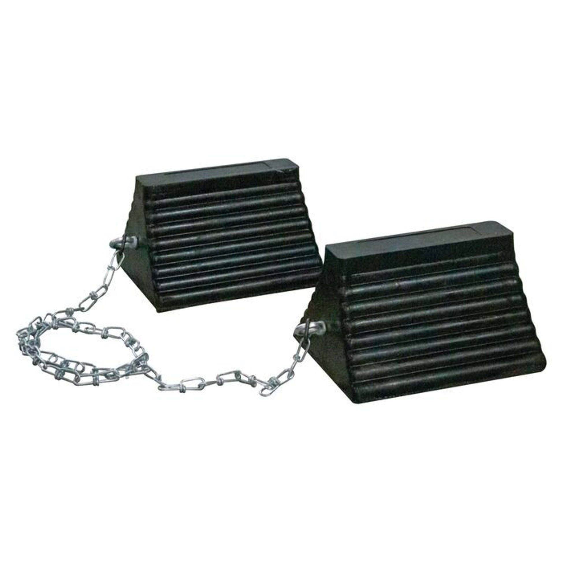 Wheel Chock - General Purpose - Rubber - 10" X 8" X 6" - Ribbed - Pyramid - Eyebolt - Chained Pair - Black - RC815-CP