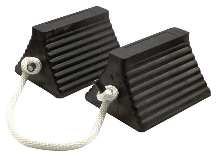 Wheel Chock - General Purpose - Rubber - 10" X 8" X 6" - Ribbed - Pyramid - Eyebolt - Roped Pair - Black - RC815-P