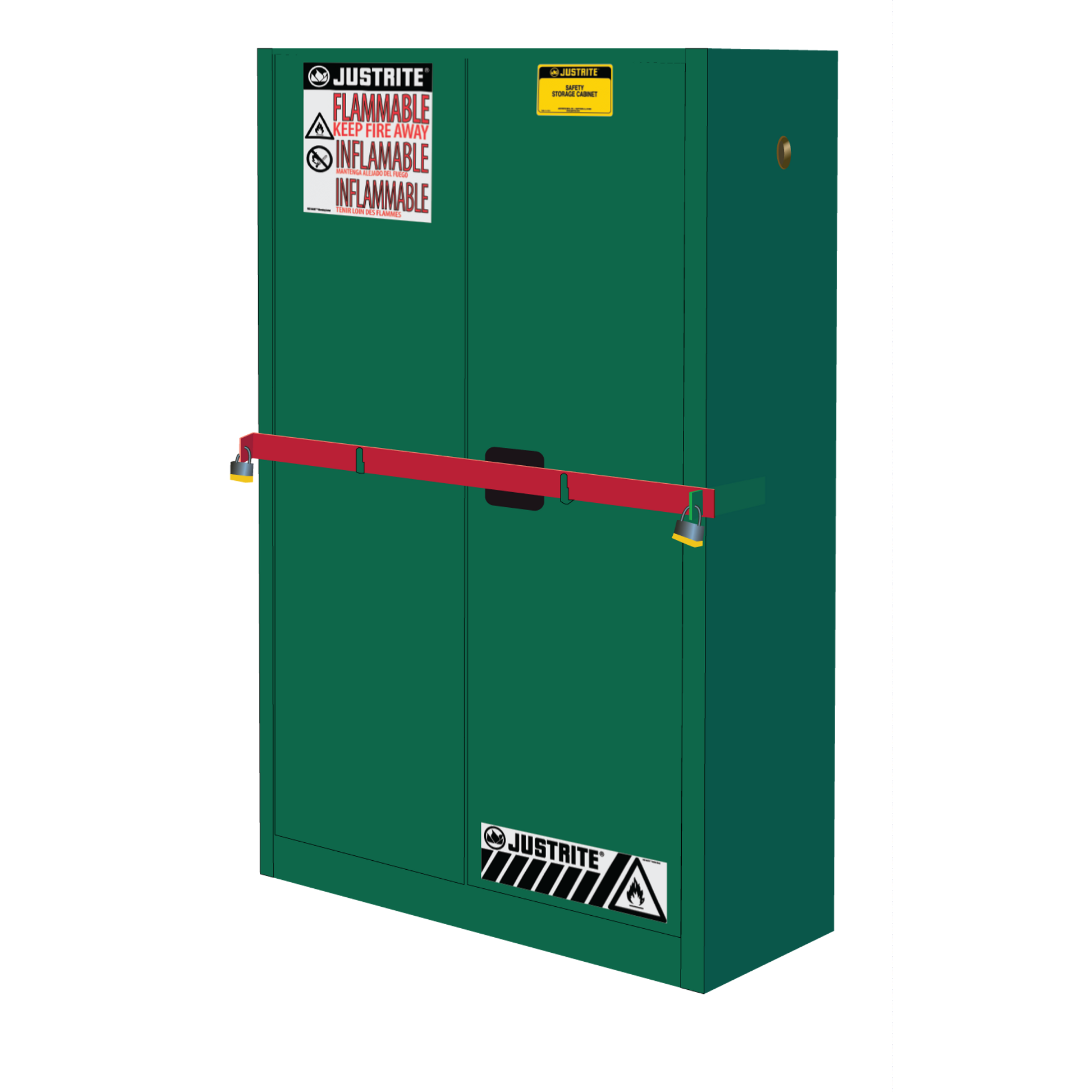 Justrite High Security Pesticides Safety Cabinet W/Steel Bar - Cap. 45 Gals. - 2 Shelves - 2 S/C Doors - Green - SC29884P