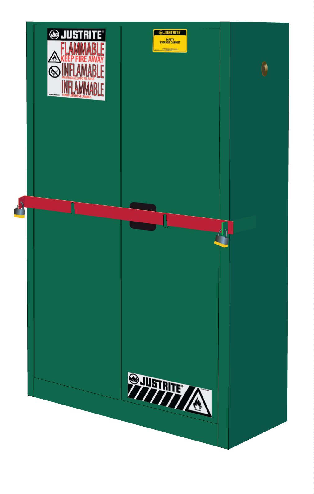 Justrite High Security Pesticides Safety Cabinet W/Steel Bar - Cap. 45 Gals. - 2 Shelves - 2 S/C Doors - Green - SC29884P