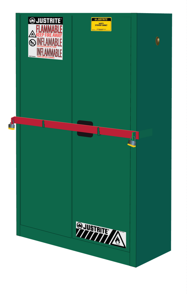 Justrite High Security Pesticides Safety Cabinet W/Steel Bar - Cap. 45 Gals. - 2 Shelves - 2 S/C Doors - Green - SC29884P