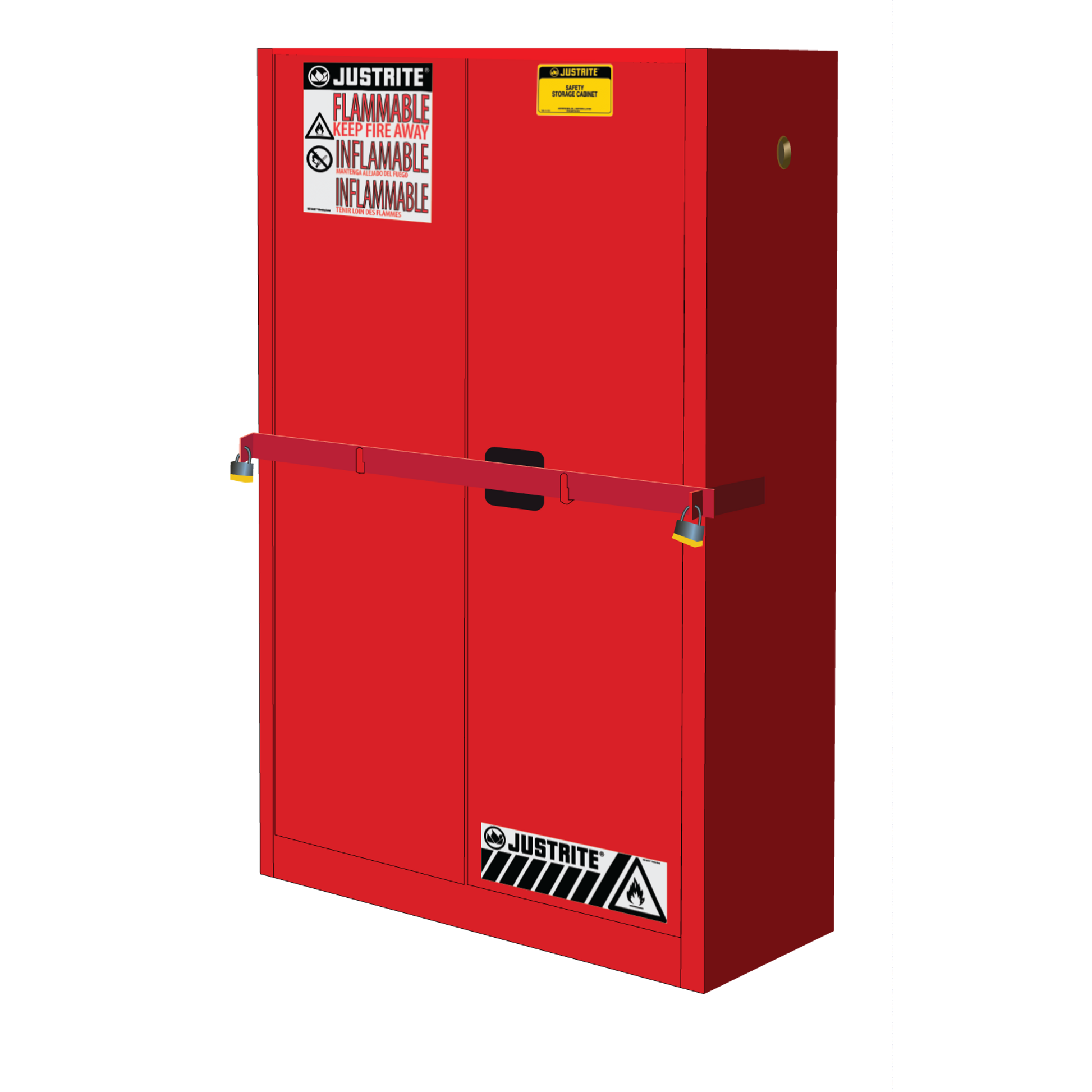 Justrite High Security Flammables Safety Cabinet W/Steel Bar - Cap. 45 Gals. - 2 Shelves - 2 S/C Doors - Red - SC29884R