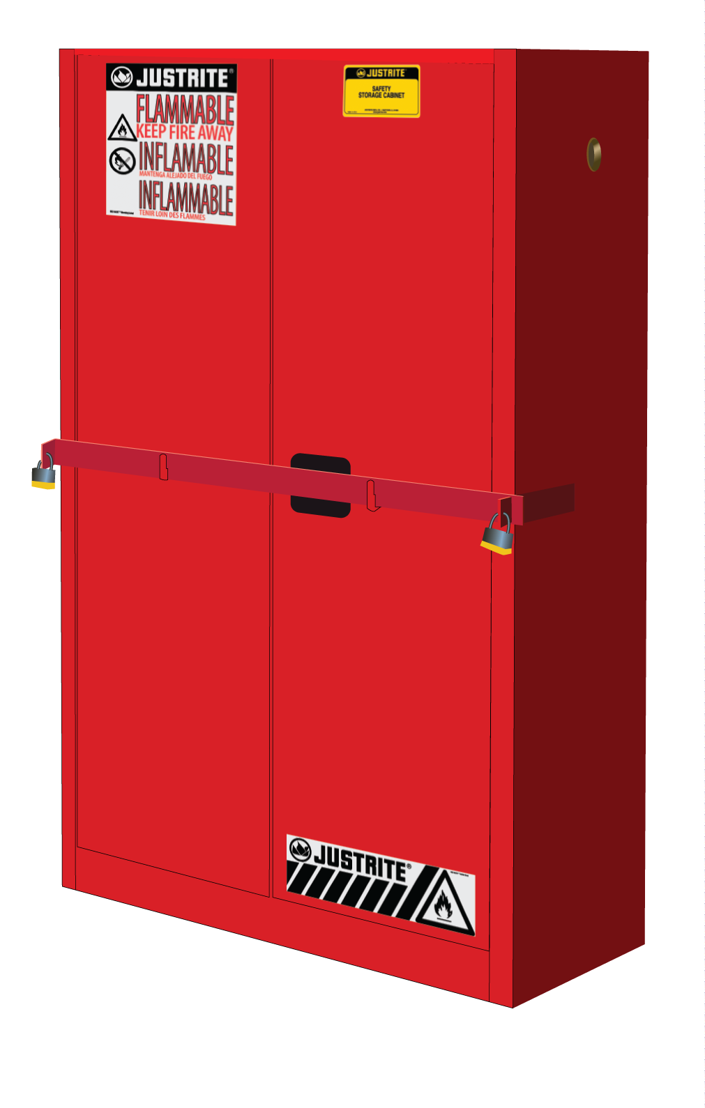 Justrite High Security Flammables Safety Cabinet W/Steel Bar - Cap. 45 Gals. - 2 Shelves - 2 S/C Doors - Red - SC29884R