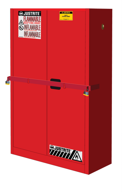 Justrite High Security Flammables Safety Cabinet W/Steel Bar - Cap. 45 Gals. - 2 Shelves - 2 S/C Doors - Red - SC29884R