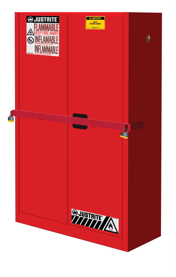Justrite High Security Flammables Safety Cabinet W/Steel Bar - Cap. 45 Gals. - 2 Shelves - 2 S/C Doors - Red - SC29884R
