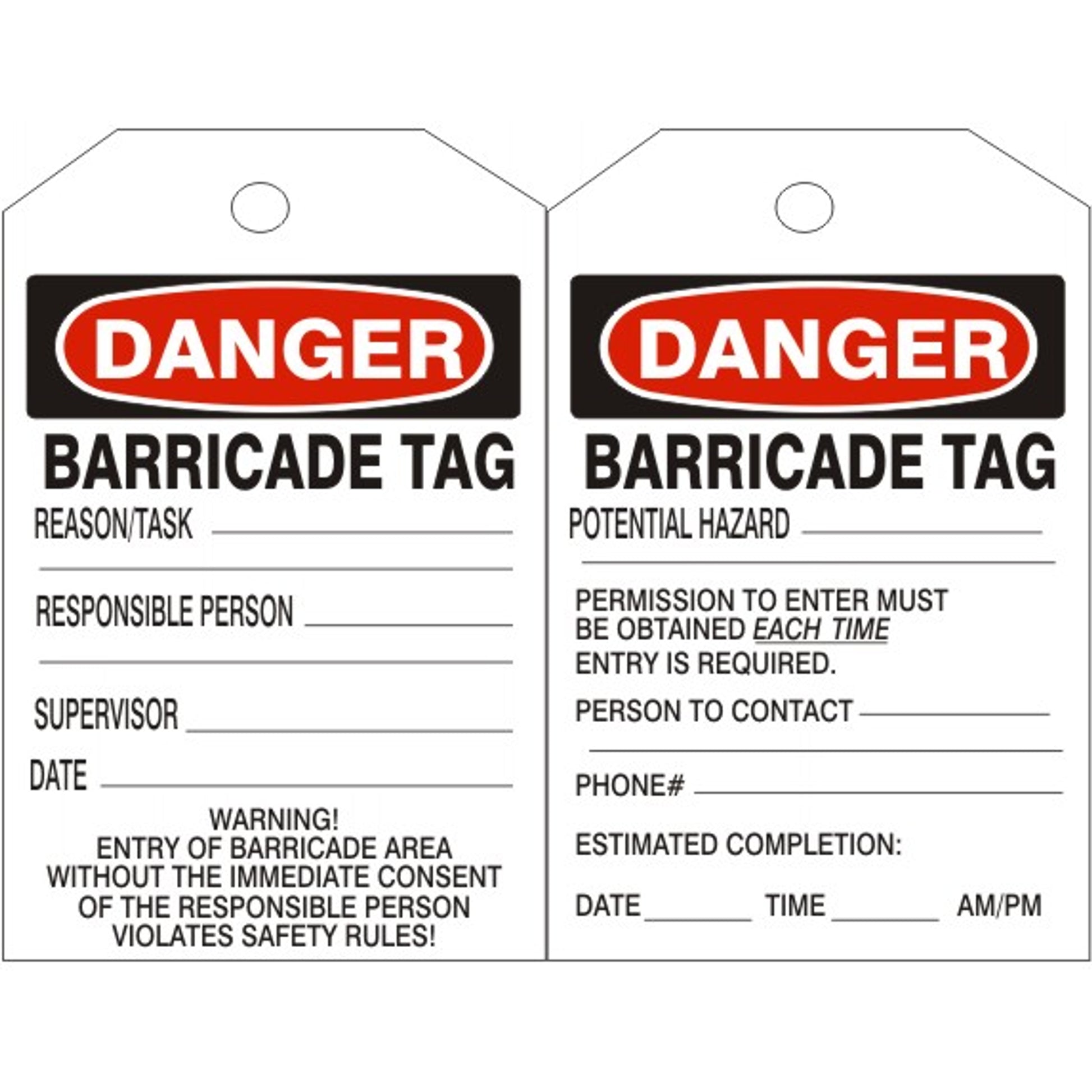 DANGER BARRICADE TAGS - DANGER BARRICADE TAGS, 6.125x3, Rigid Vinyl