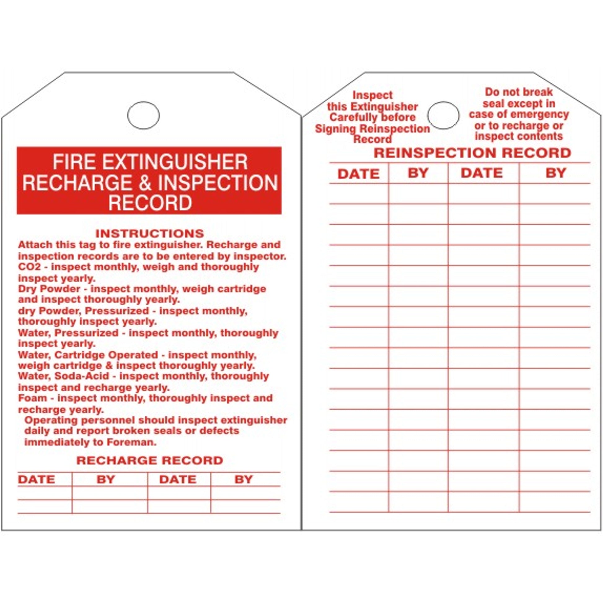 FIRE EXTINGUISHER RECHARGE AND INSPECTION TAGS - FIRE EXTINGUISHER RECHARGE AND INSPECTION TAGS, 6.125X3, Rigid Vinyl